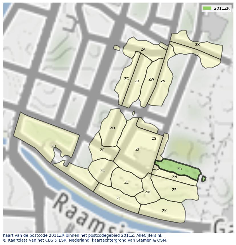 Afbeelding van het postcodegebied 2011 ZR op de kaart.