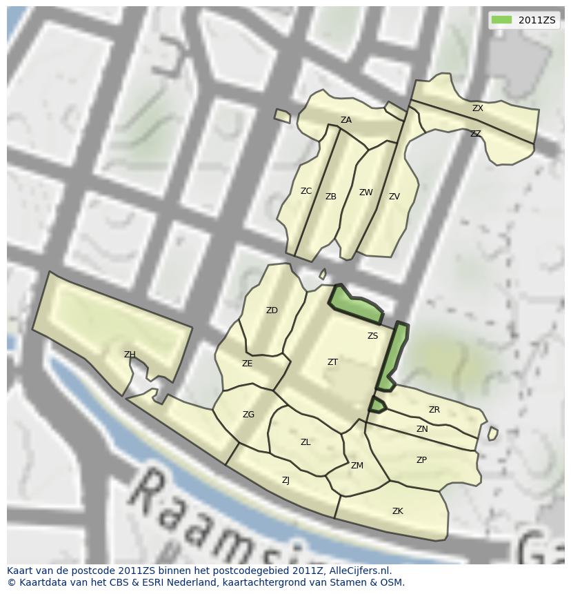 Afbeelding van het postcodegebied 2011 ZS op de kaart.