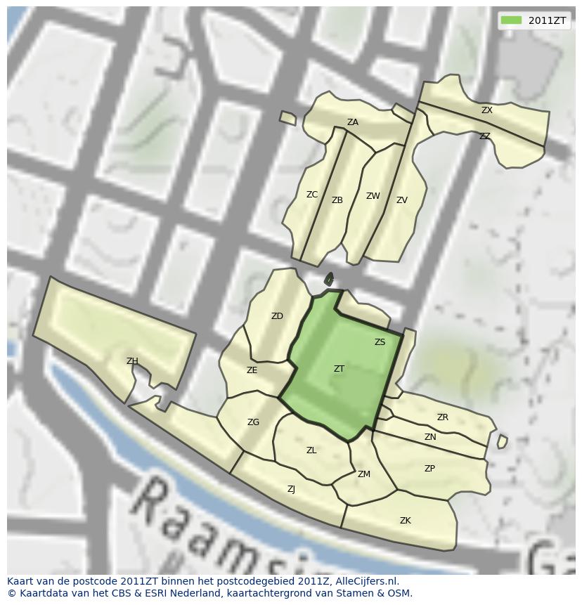 Afbeelding van het postcodegebied 2011 ZT op de kaart.