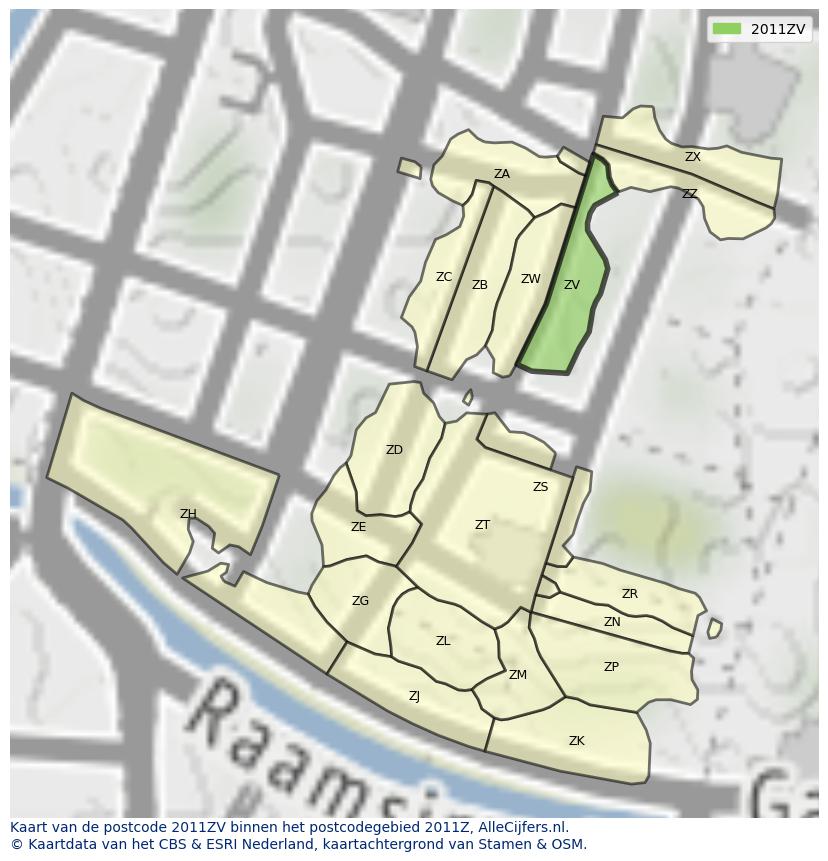 Afbeelding van het postcodegebied 2011 ZV op de kaart.
