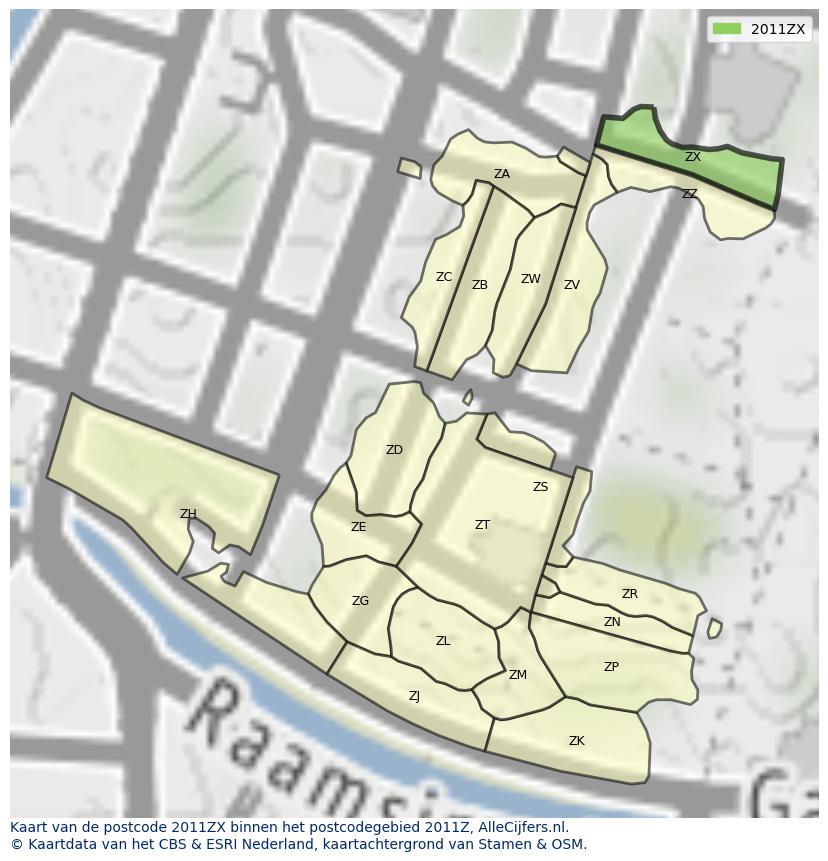 Afbeelding van het postcodegebied 2011 ZX op de kaart.