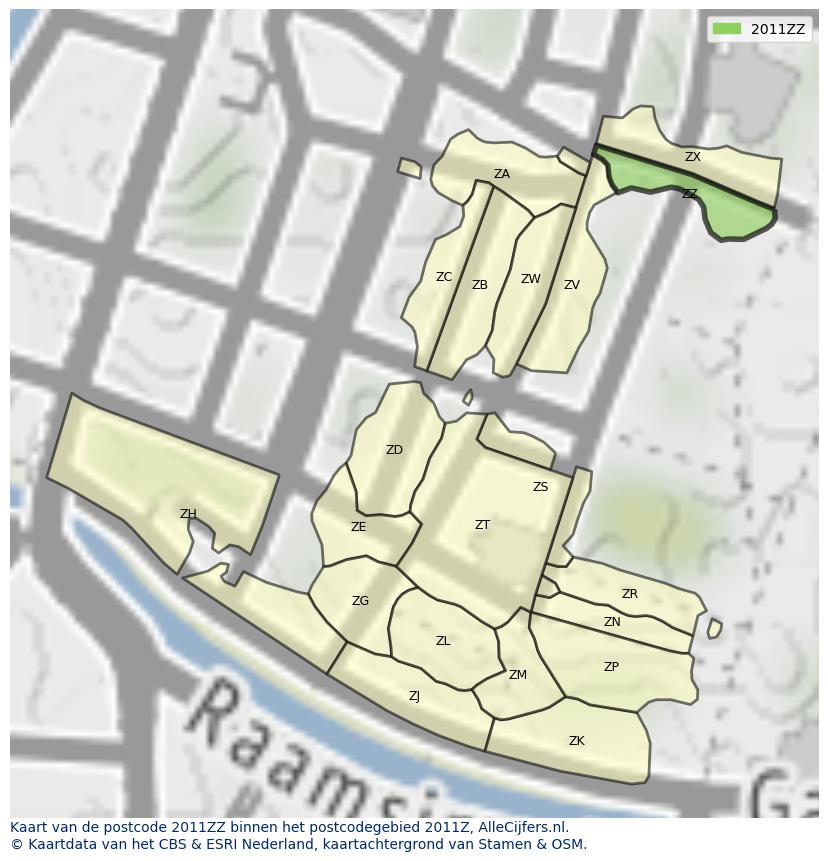 Afbeelding van het postcodegebied 2011 ZZ op de kaart.