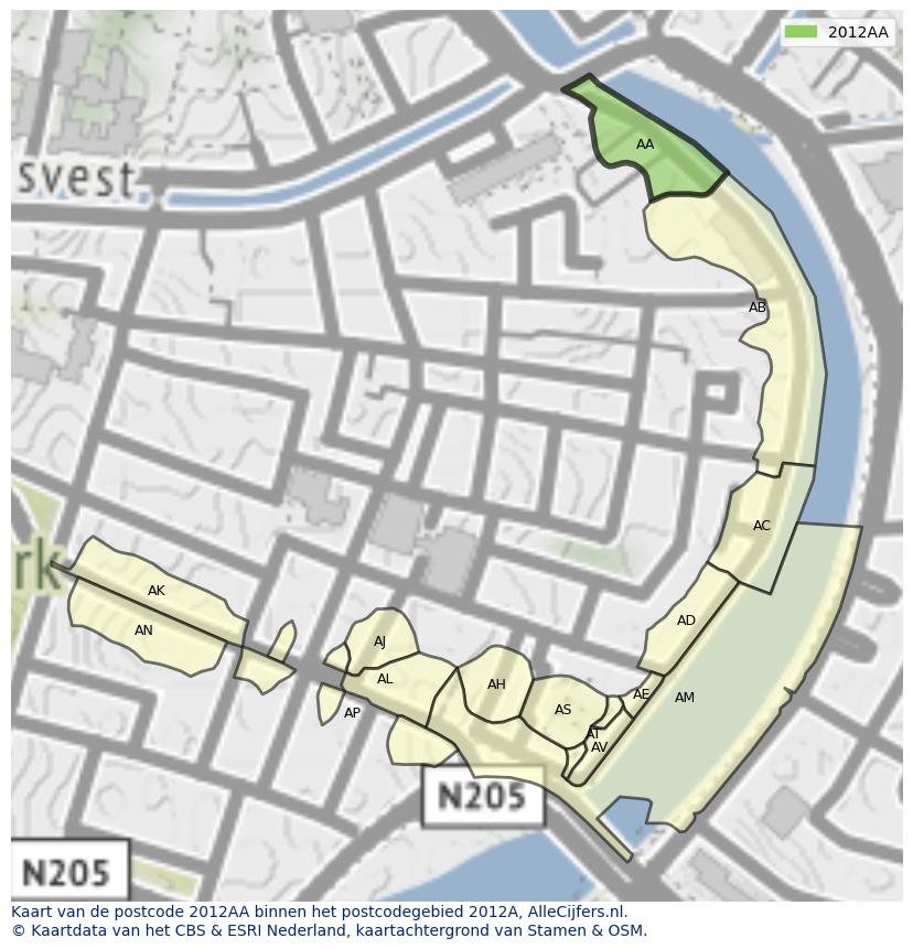 Afbeelding van het postcodegebied 2012 AA op de kaart.