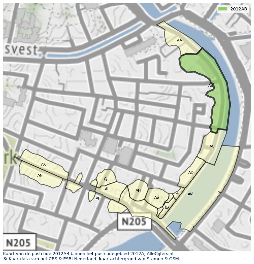 Afbeelding van het postcodegebied 2012 AB op de kaart.