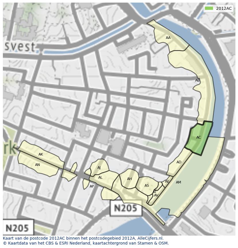 Afbeelding van het postcodegebied 2012 AC op de kaart.