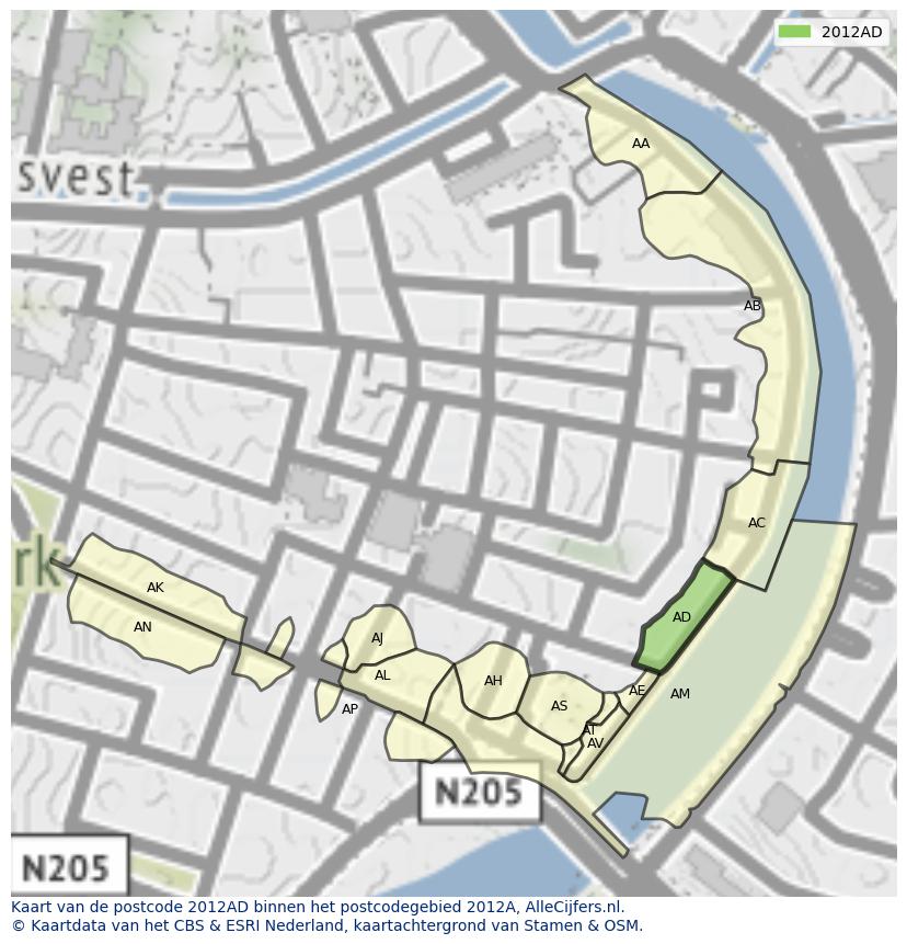 Afbeelding van het postcodegebied 2012 AD op de kaart.