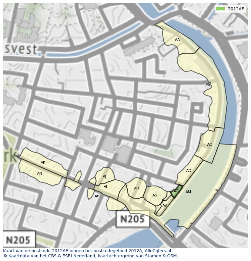 Afbeelding van het postcodegebied 2012 AE op de kaart.