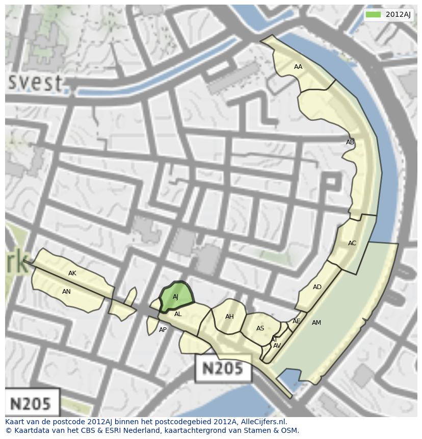 Afbeelding van het postcodegebied 2012 AJ op de kaart.
