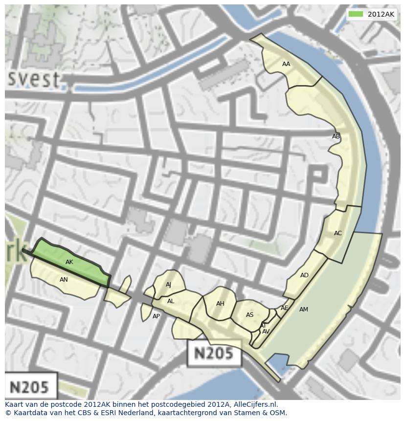 Afbeelding van het postcodegebied 2012 AK op de kaart.