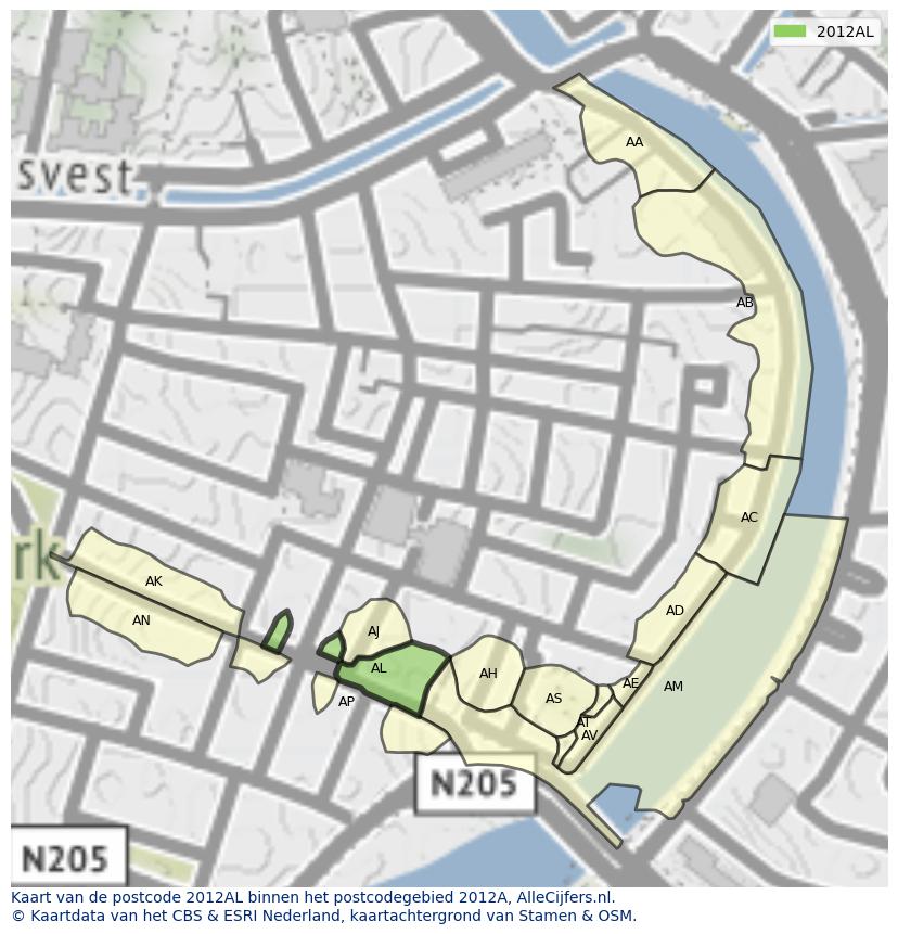 Afbeelding van het postcodegebied 2012 AL op de kaart.