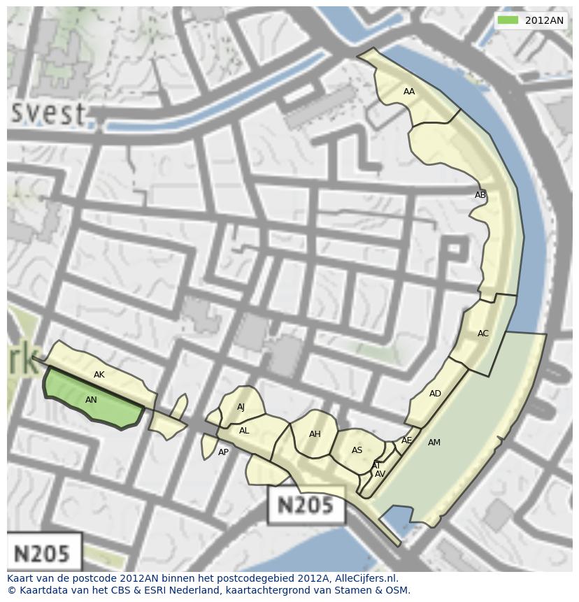 Afbeelding van het postcodegebied 2012 AN op de kaart.