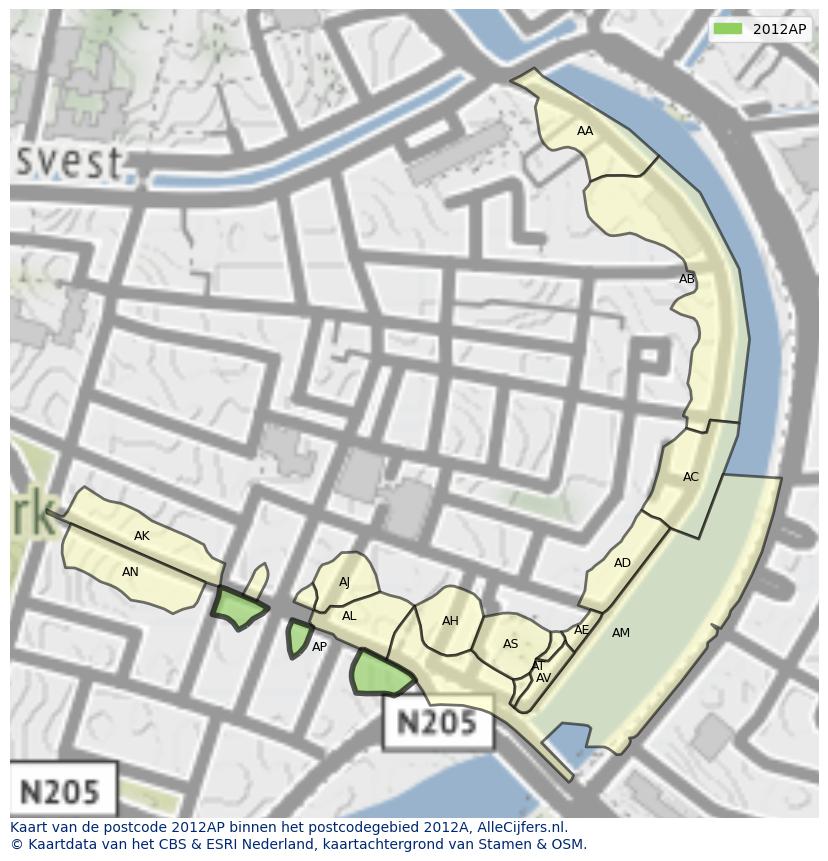 Afbeelding van het postcodegebied 2012 AP op de kaart.