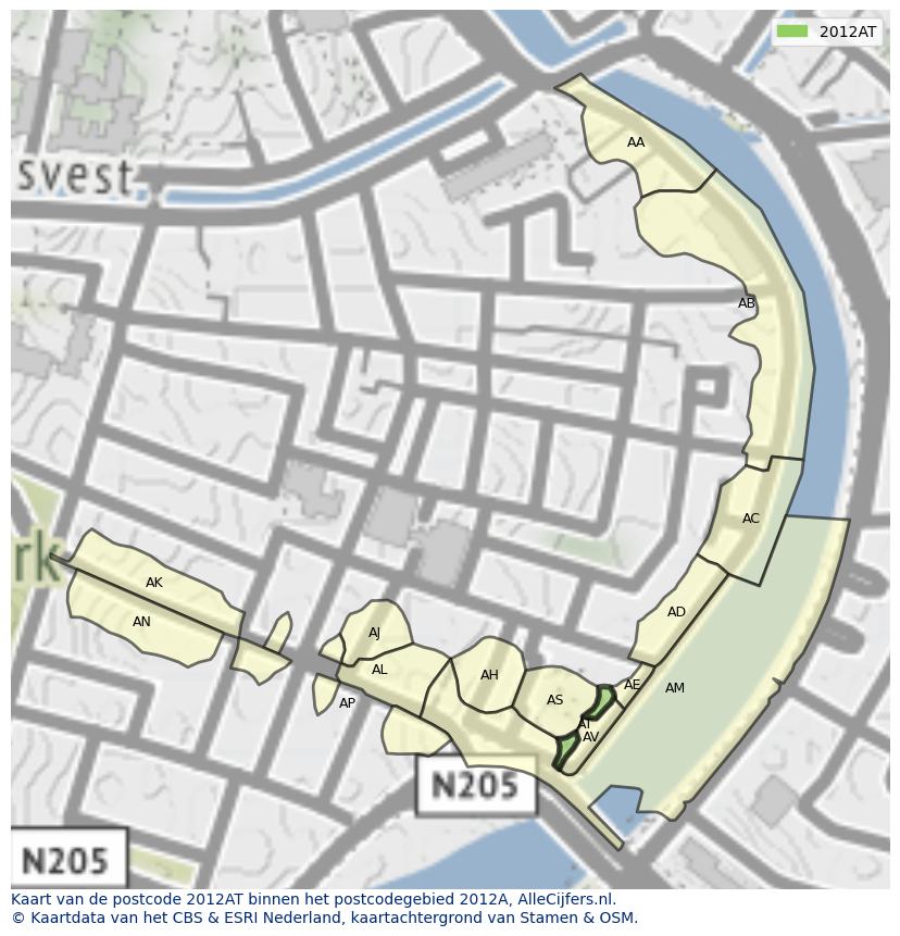 Afbeelding van het postcodegebied 2012 AT op de kaart.