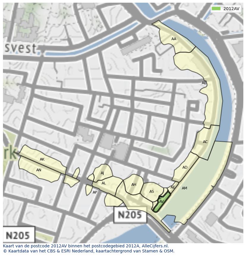 Afbeelding van het postcodegebied 2012 AV op de kaart.