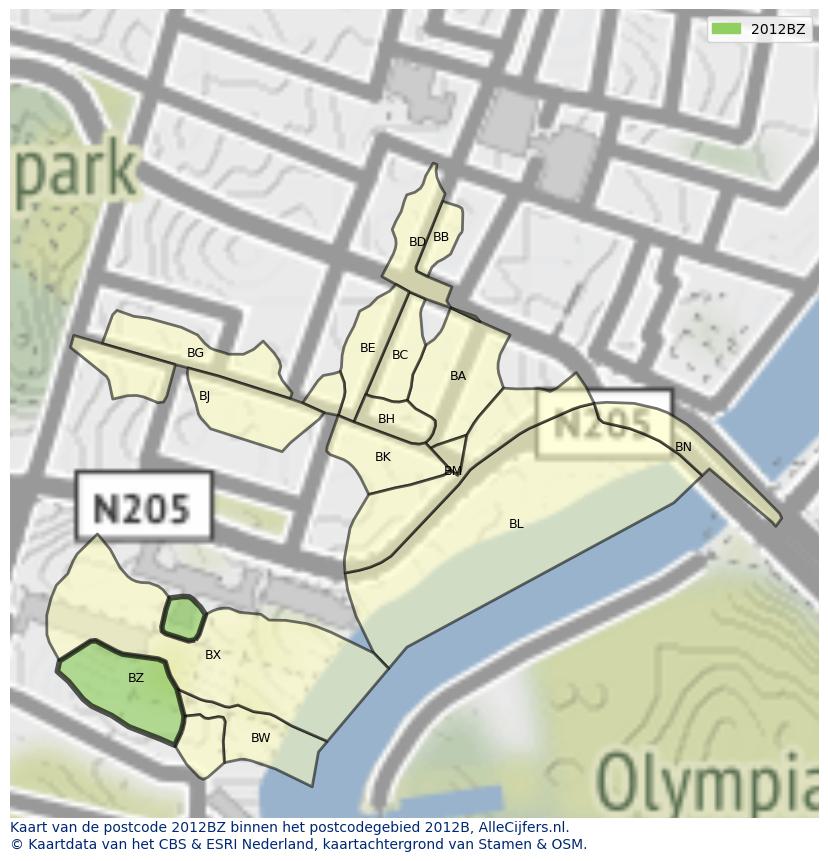 Afbeelding van het postcodegebied 2012 BZ op de kaart.