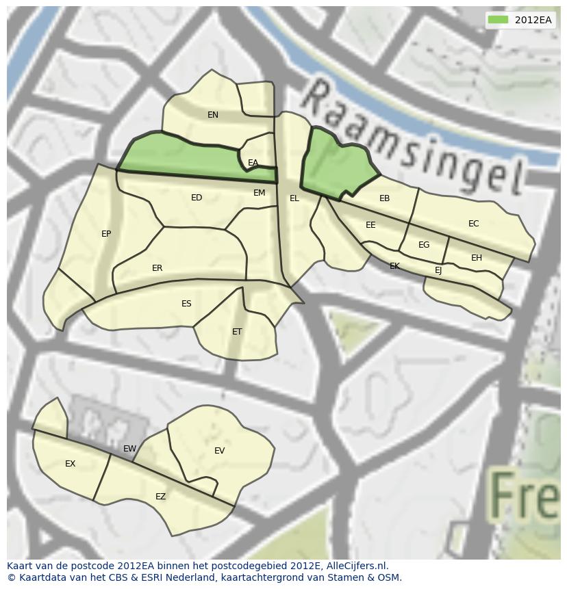 Afbeelding van het postcodegebied 2012 EA op de kaart.