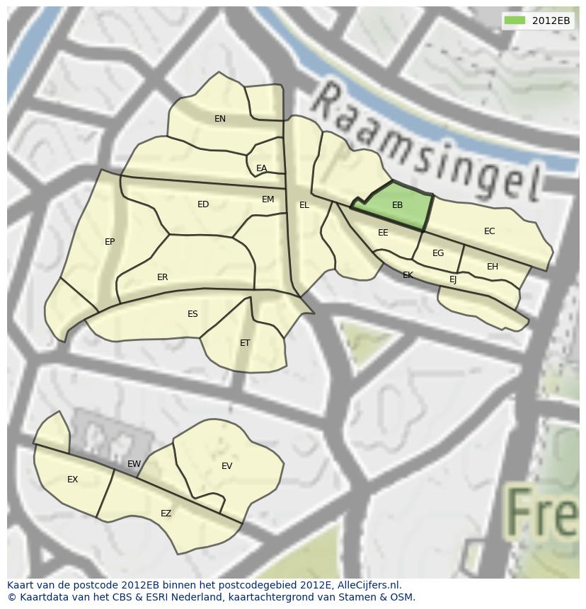 Afbeelding van het postcodegebied 2012 EB op de kaart.