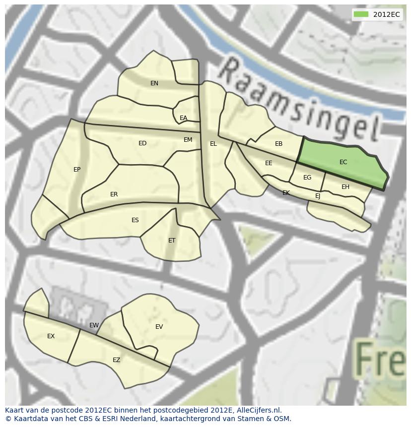 Afbeelding van het postcodegebied 2012 EC op de kaart.