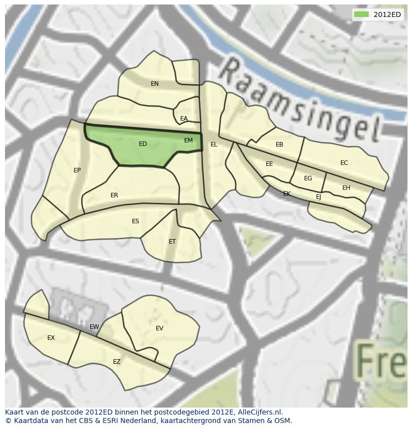 Afbeelding van het postcodegebied 2012 ED op de kaart.