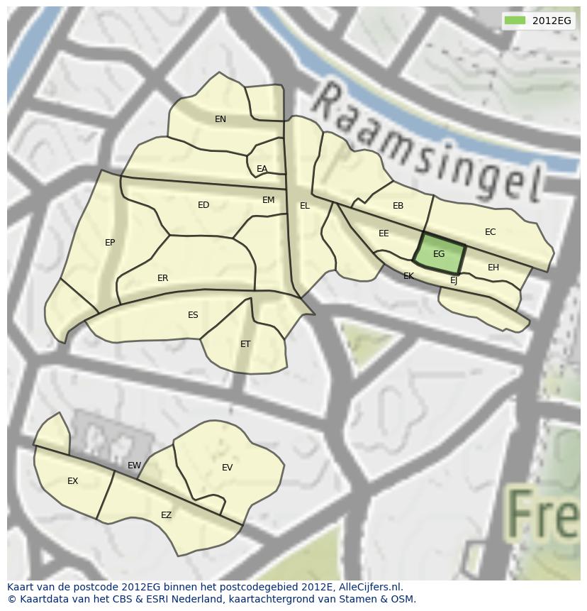 Afbeelding van het postcodegebied 2012 EG op de kaart.