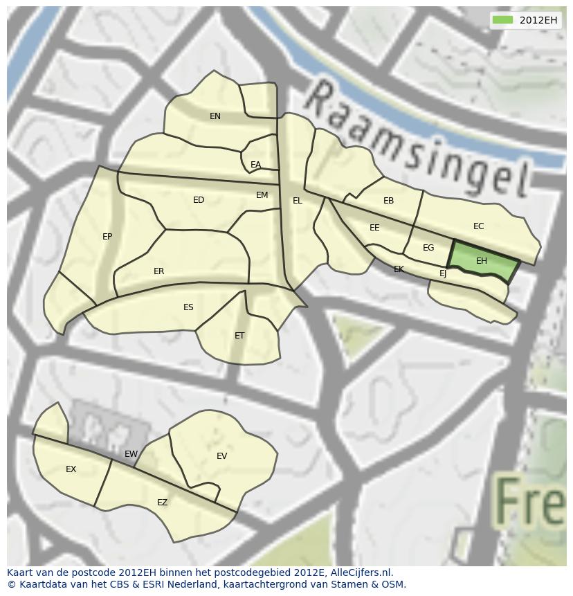 Afbeelding van het postcodegebied 2012 EH op de kaart.