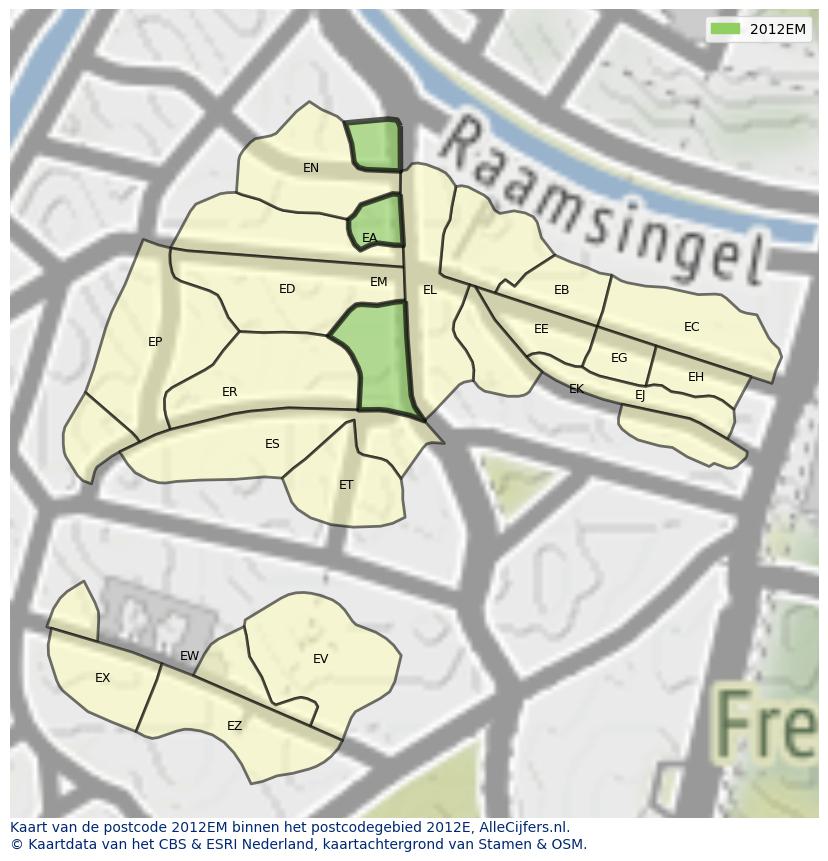 Afbeelding van het postcodegebied 2012 EM op de kaart.