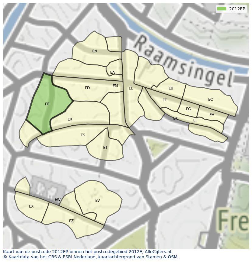 Afbeelding van het postcodegebied 2012 EP op de kaart.