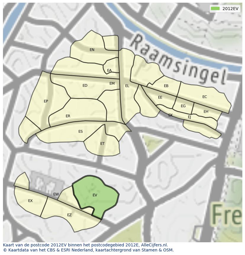 Afbeelding van het postcodegebied 2012 EV op de kaart.