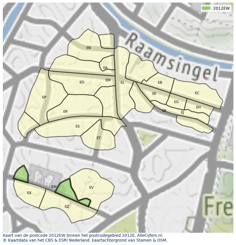 Afbeelding van het postcodegebied 2012 EW op de kaart.