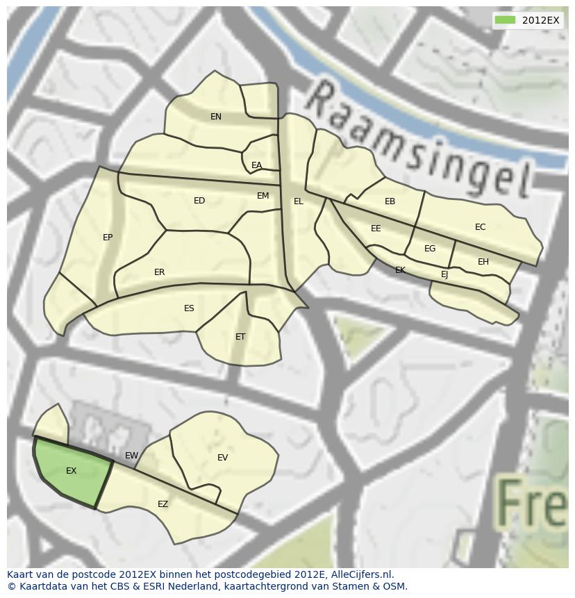 Afbeelding van het postcodegebied 2012 EX op de kaart.