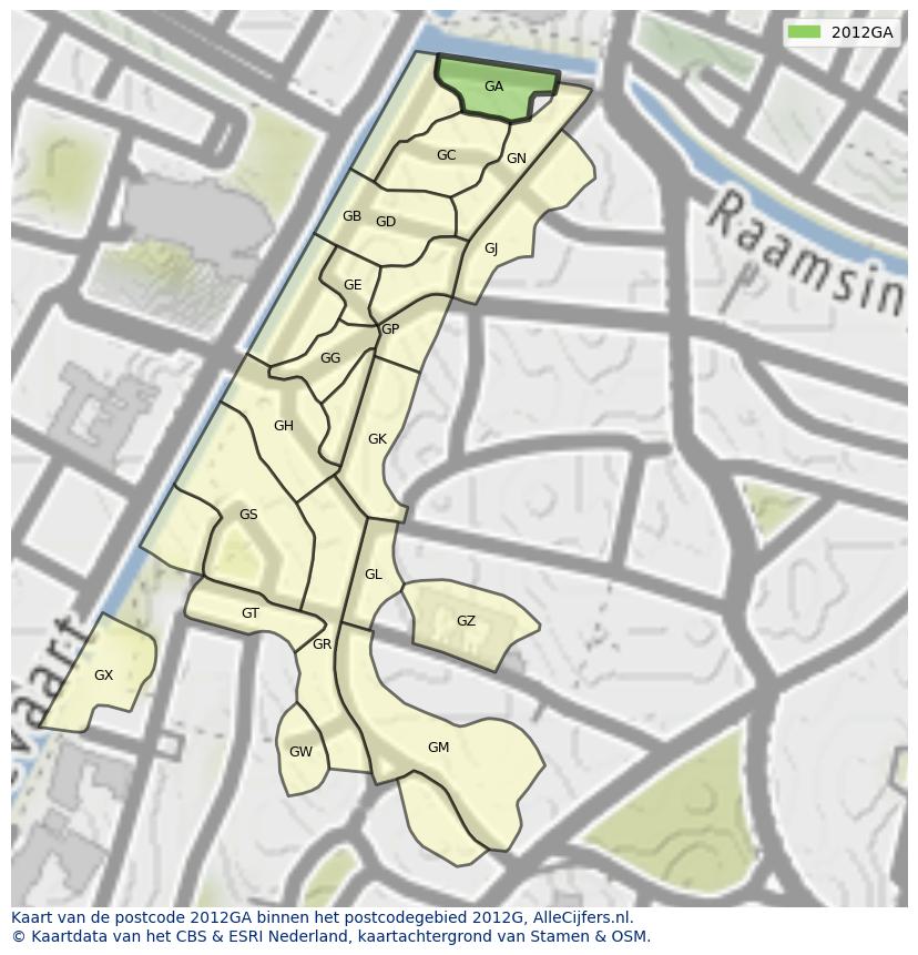 Afbeelding van het postcodegebied 2012 GA op de kaart.