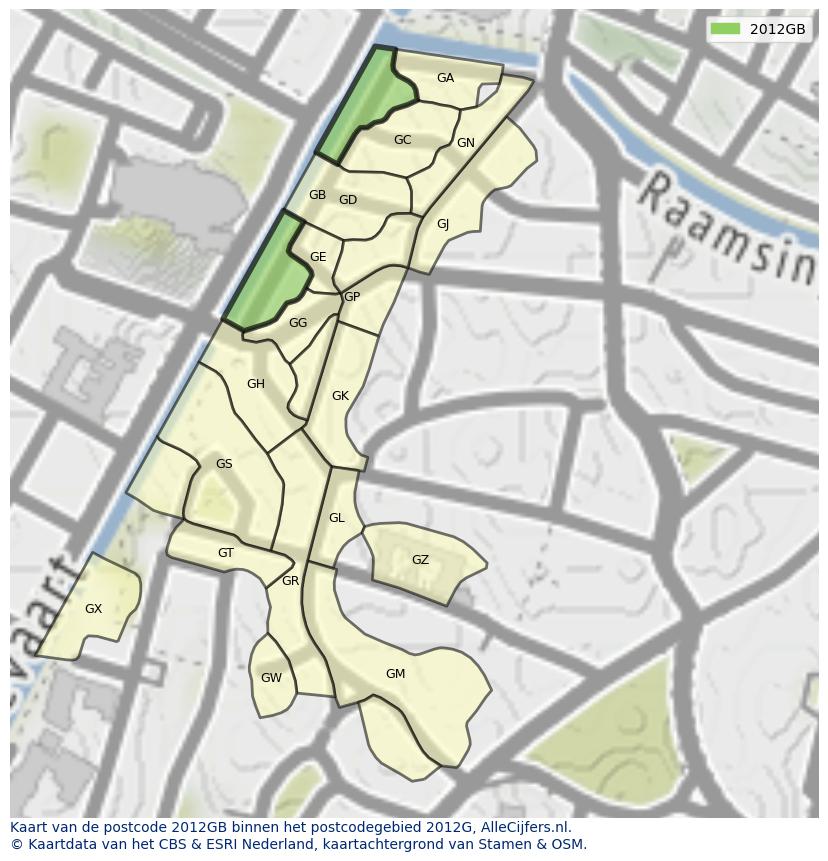 Afbeelding van het postcodegebied 2012 GB op de kaart.