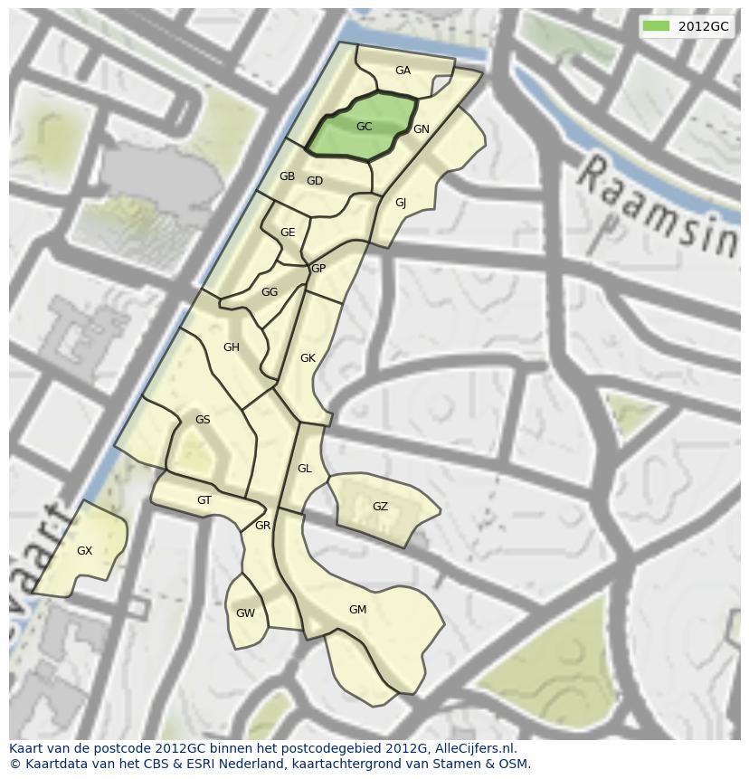 Afbeelding van het postcodegebied 2012 GC op de kaart.