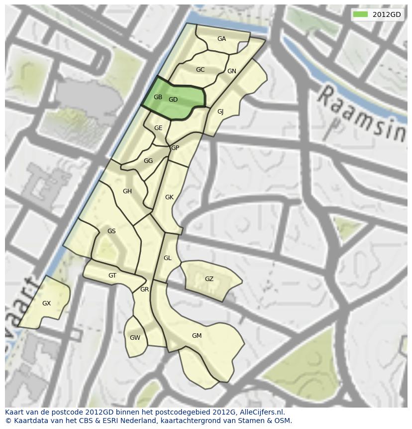 Afbeelding van het postcodegebied 2012 GD op de kaart.