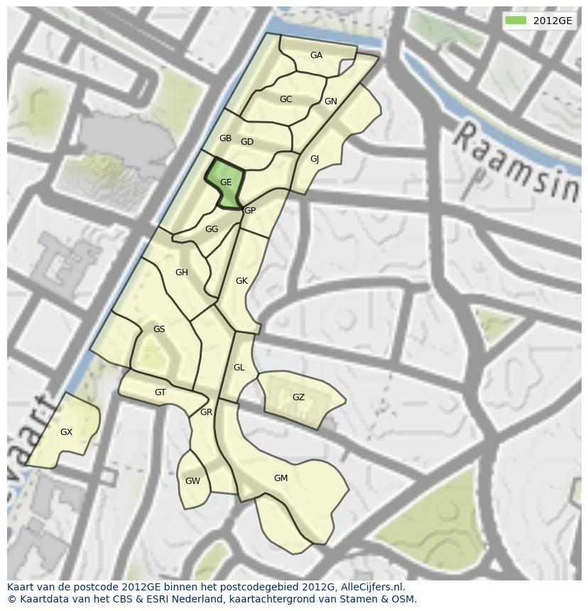 Afbeelding van het postcodegebied 2012 GE op de kaart.
