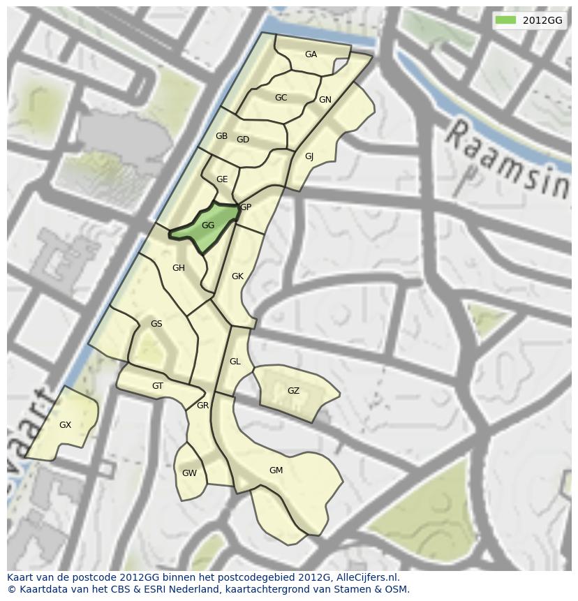 Afbeelding van het postcodegebied 2012 GG op de kaart.