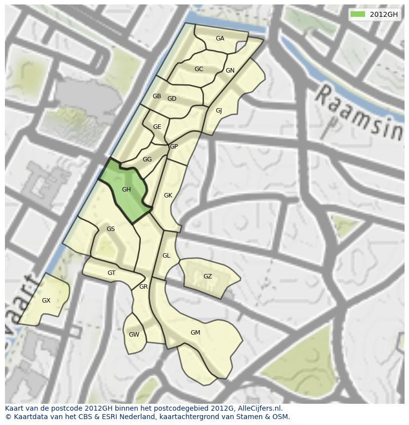 Afbeelding van het postcodegebied 2012 GH op de kaart.