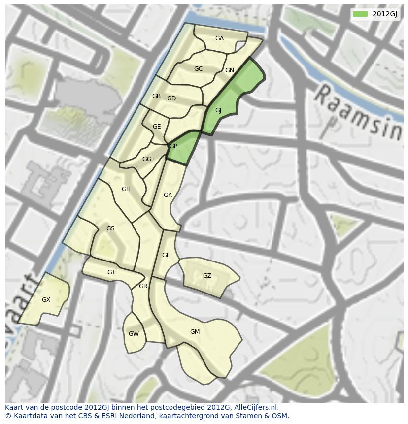 Afbeelding van het postcodegebied 2012 GJ op de kaart.