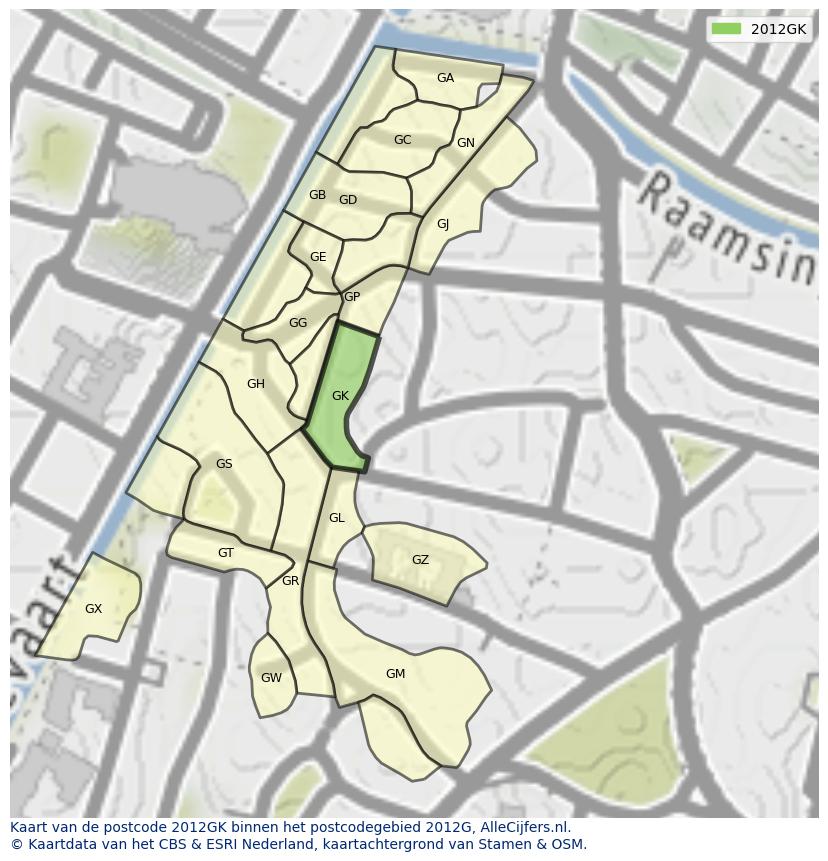 Afbeelding van het postcodegebied 2012 GK op de kaart.