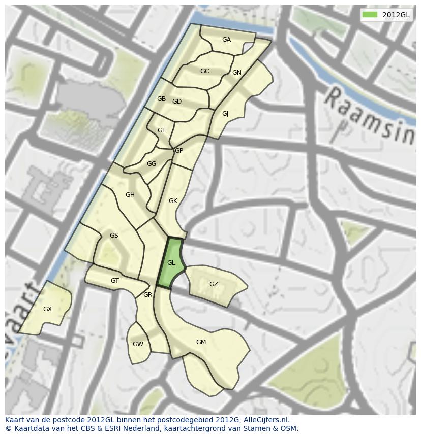 Afbeelding van het postcodegebied 2012 GL op de kaart.