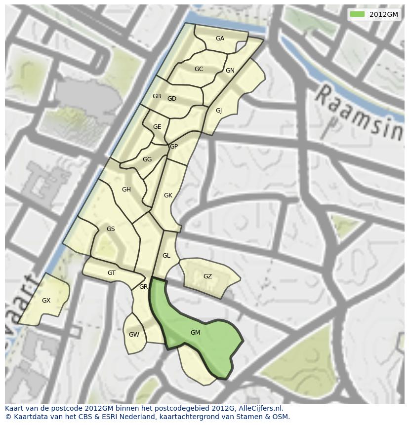 Afbeelding van het postcodegebied 2012 GM op de kaart.