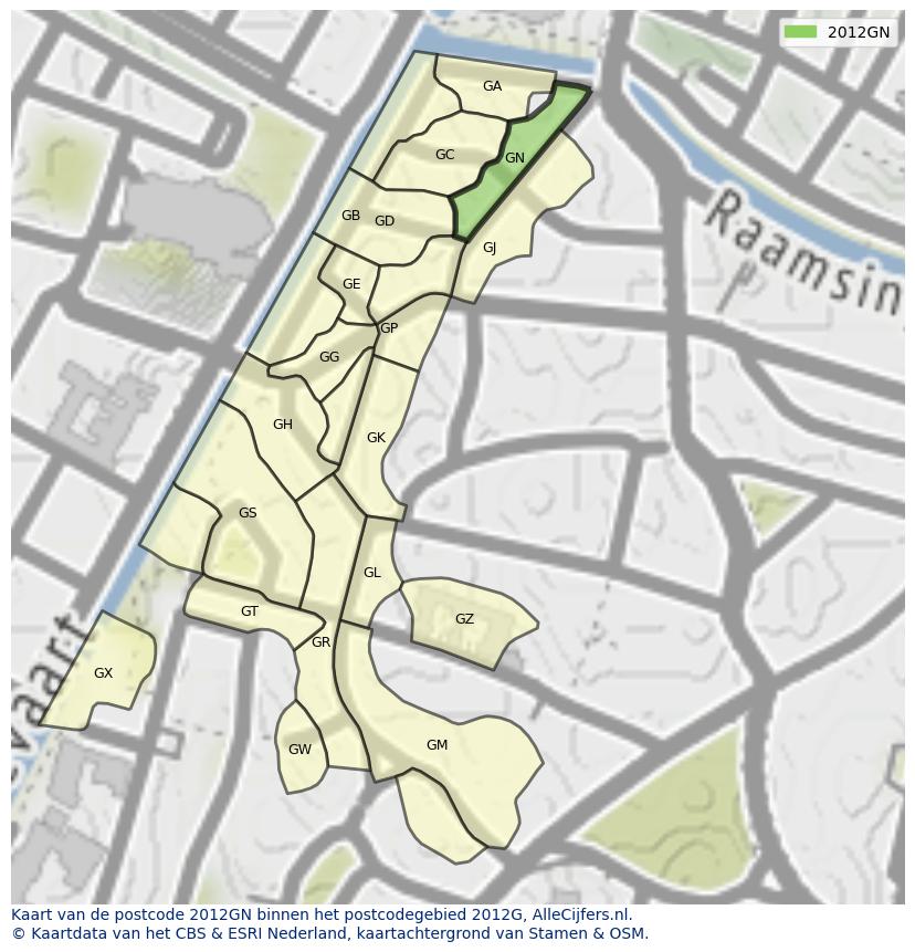 Afbeelding van het postcodegebied 2012 GN op de kaart.