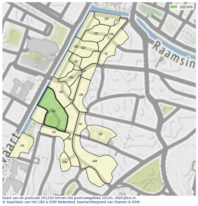 Afbeelding van het postcodegebied 2012 GS op de kaart.