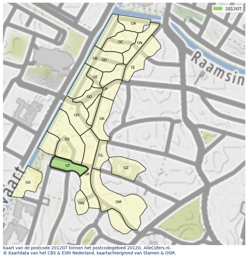 Afbeelding van het postcodegebied 2012 GT op de kaart.