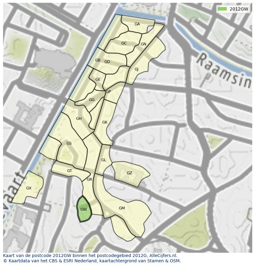Afbeelding van het postcodegebied 2012 GW op de kaart.