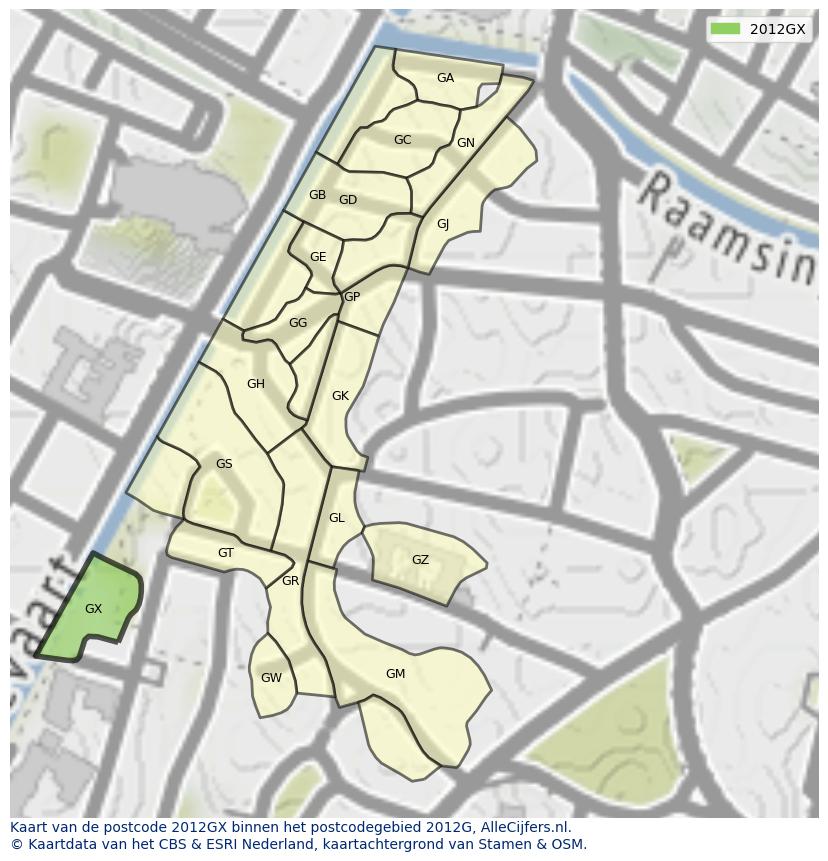 Afbeelding van het postcodegebied 2012 GX op de kaart.