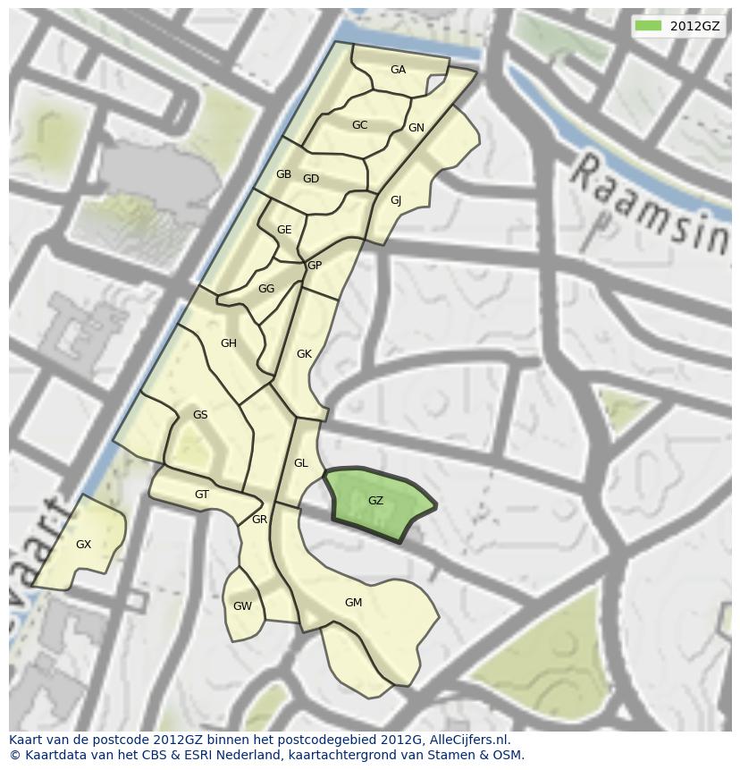 Afbeelding van het postcodegebied 2012 GZ op de kaart.