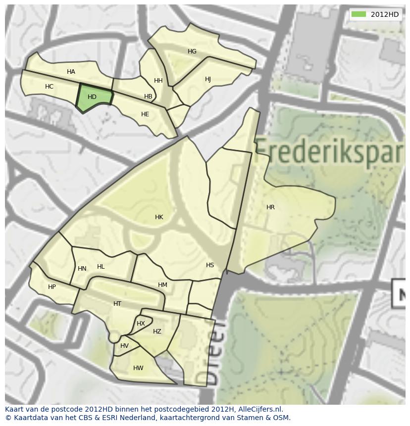 Afbeelding van het postcodegebied 2012 HD op de kaart.