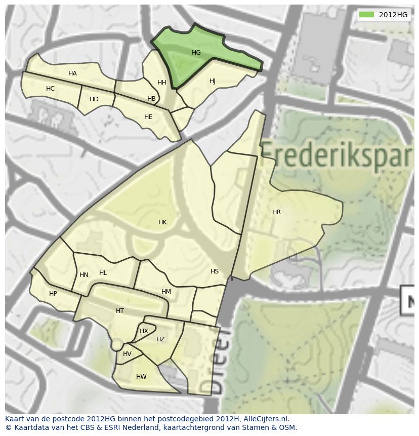 Afbeelding van het postcodegebied 2012 HG op de kaart.