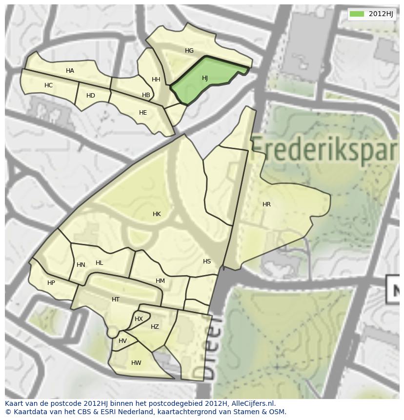 Afbeelding van het postcodegebied 2012 HJ op de kaart.